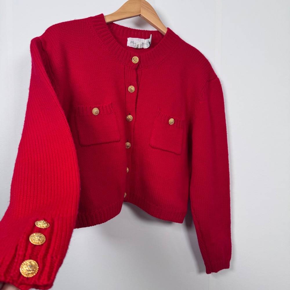 90s Wool Cardigan Sweater L Gold Crest Button Red Classic Preppy Parisian Winter